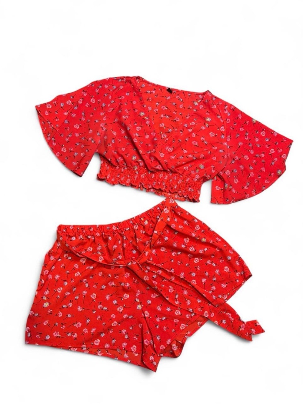 SHEIN Red Floral Smocked Crop Top & Tie-Waist Shorts Set